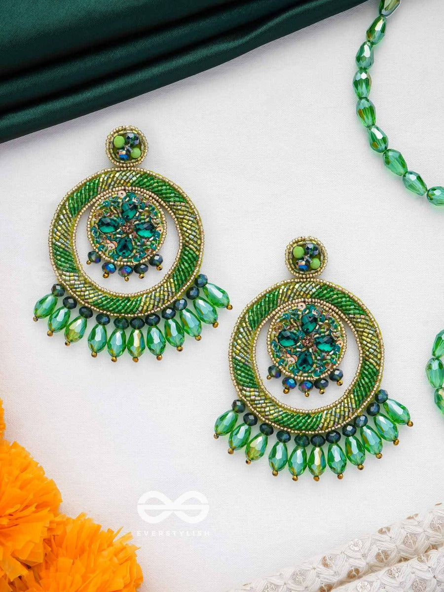 Sauparna- The Elegant Emerald- Stones And Glass Drops Embroidered Earrings