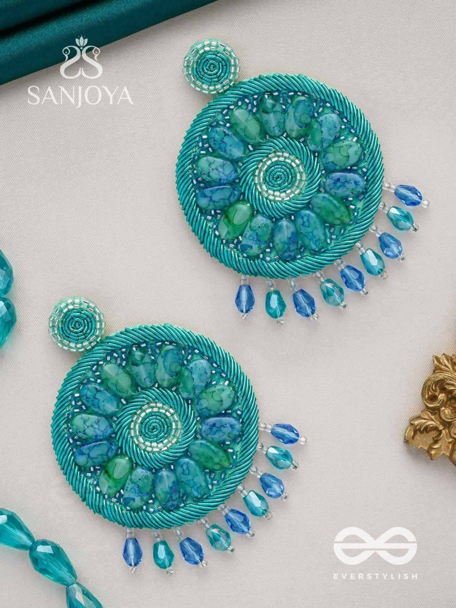 Anushna- The Blue Lotus- Stones And Glass Drops Embroidered Earrings