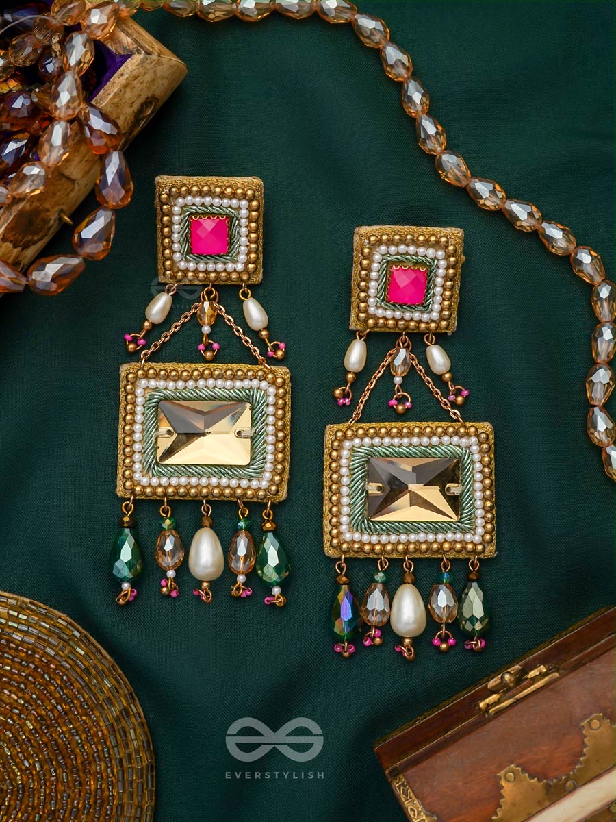 Pushkarini- The Geometric Wonder- Stones And Pearl Drops Embroidered Earrings