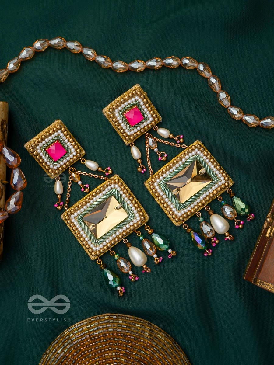 Pushkarini- The Geometric Wonder- Stones And Pearl Drops Embroidered Earrings