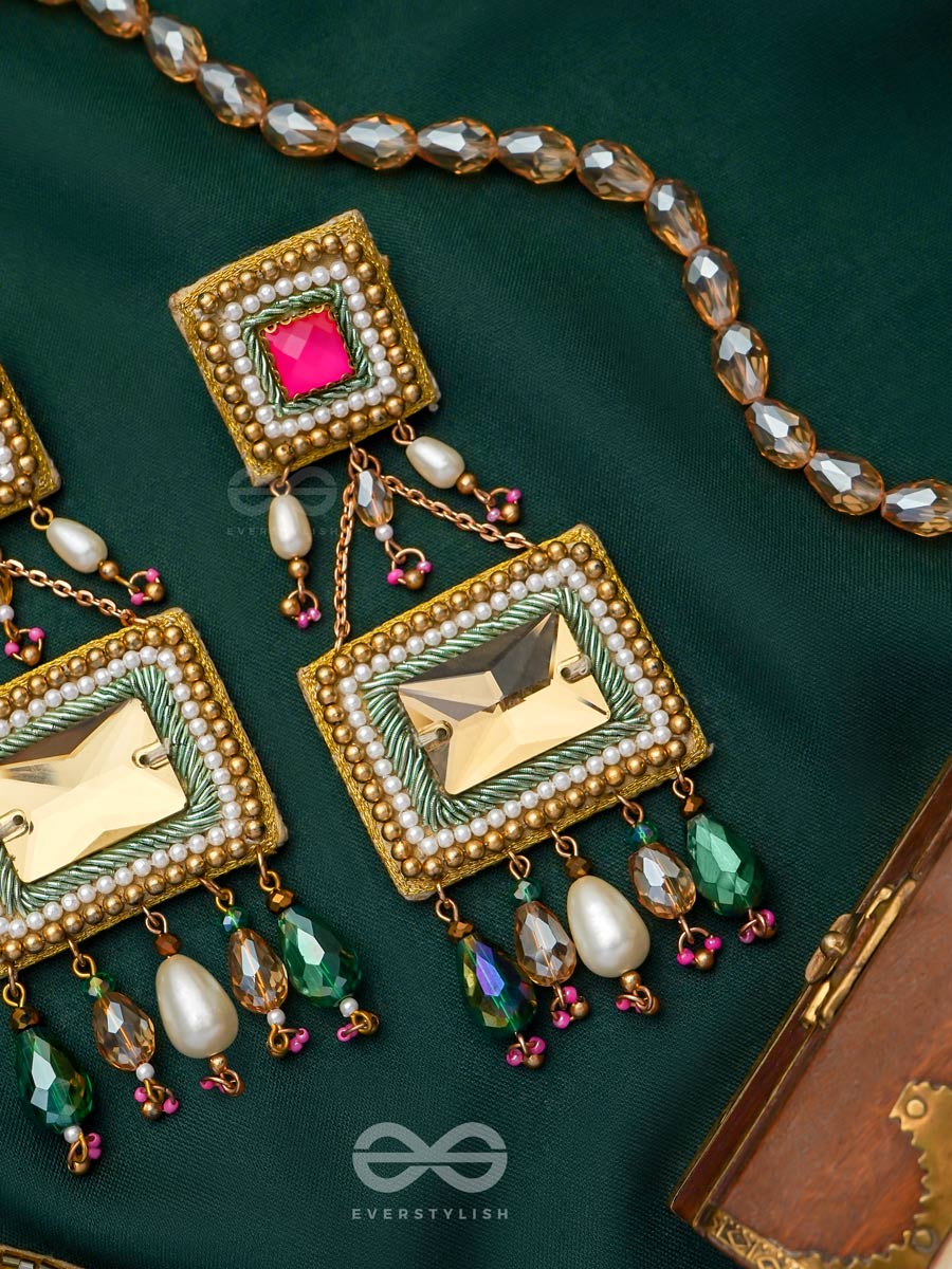 Pushkarini- The Geometric Wonder- Stones And Pearl Drops Embroidered Earrings
