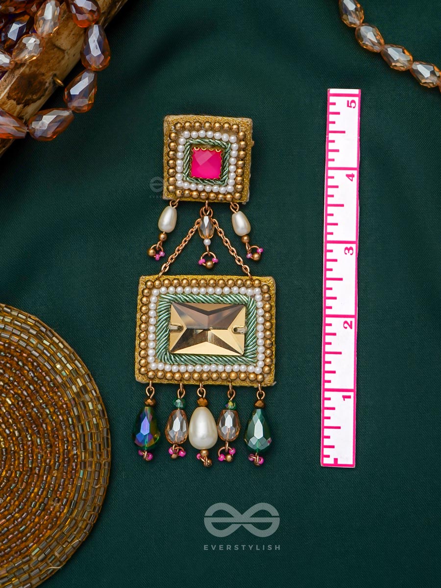 Pushkarini- The Geometric Wonder- Stones And Pearl Drops Embroidered Earrings