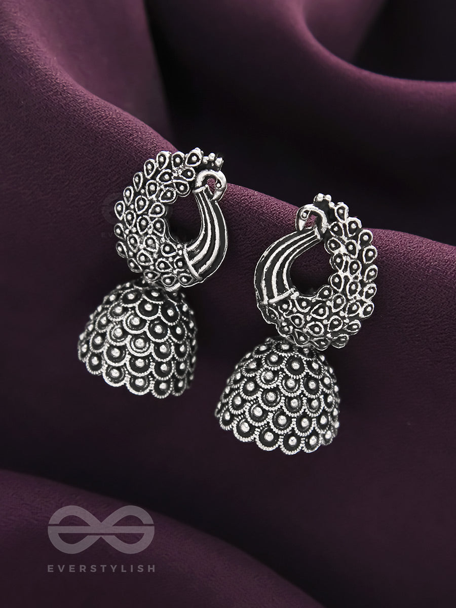 The Twirling Peacock- Oxidised Jhumka Earrings