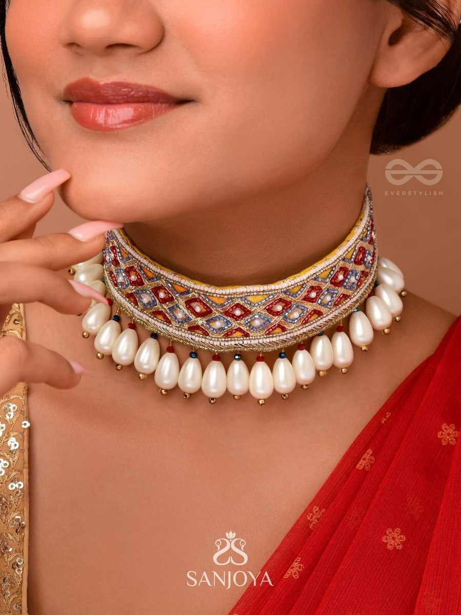 Syamika- The Magnificent Clouds- Pearls And Lace Embroidered Choker Necklace