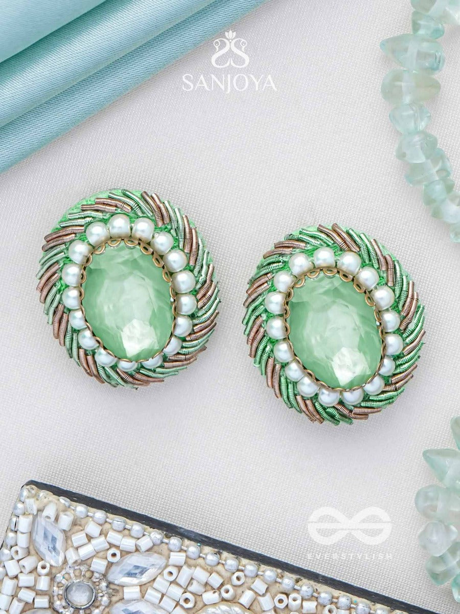 Hariparna - The Green Gem - Beads And Stones Hand Embroidered Earrings