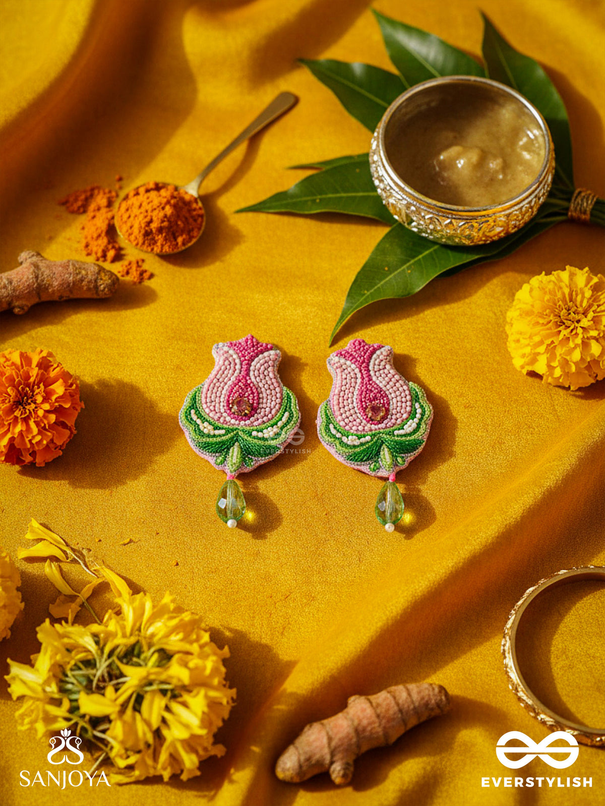 Ambuda- The Lotus Bud- Resham And Glass Drops Embroidered Earrings