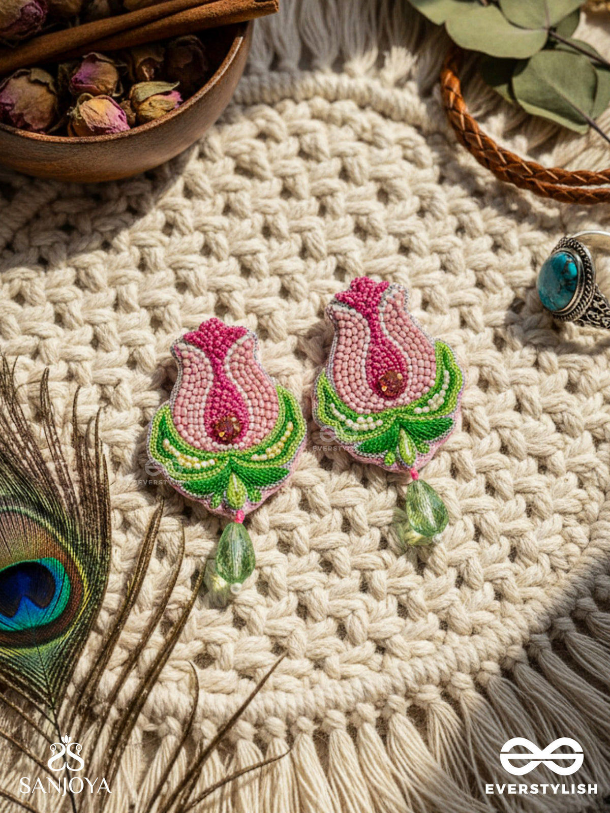 Ambuda- The Lotus Bud- Resham And Glass Drops Embroidered Earrings