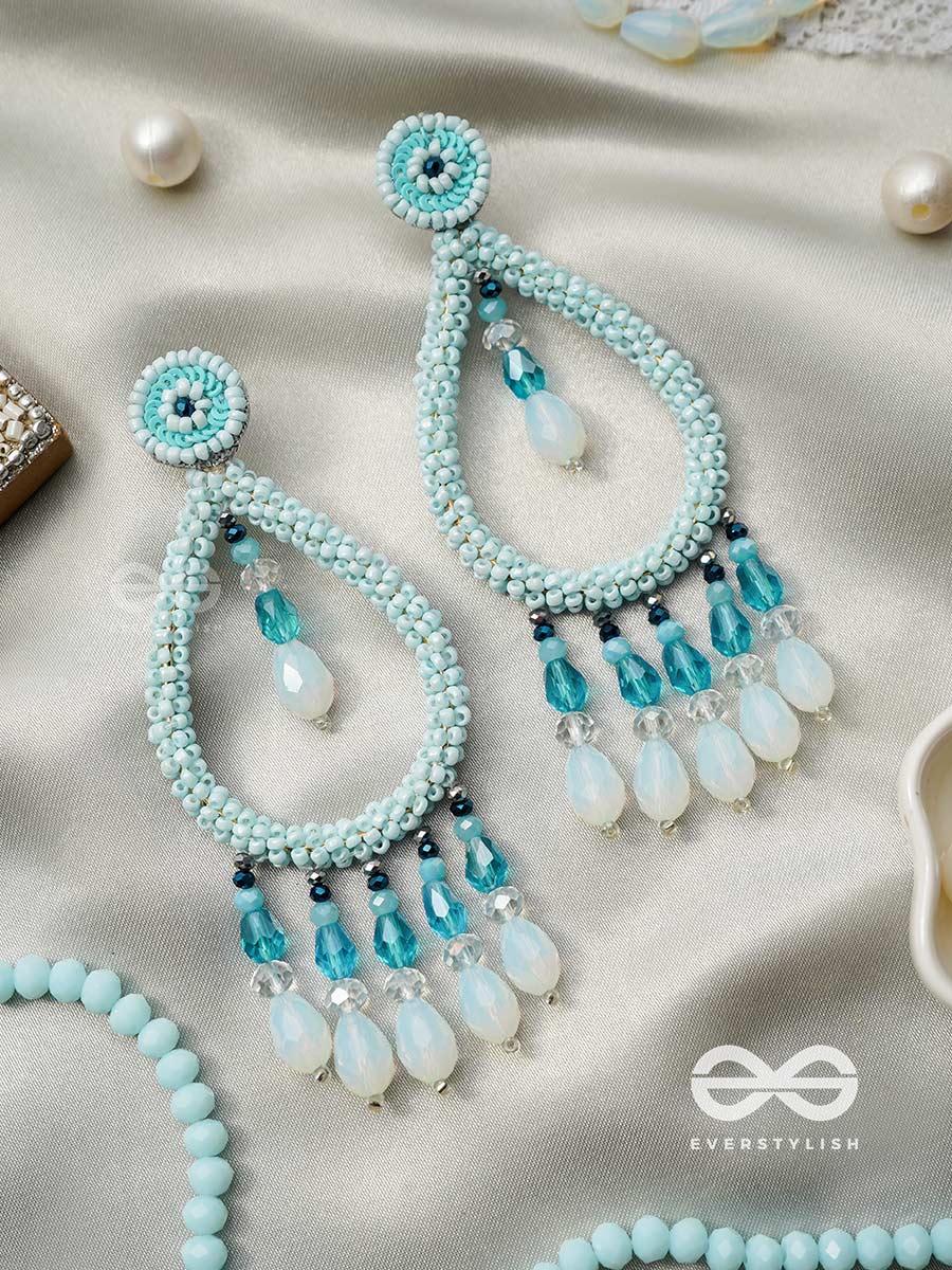 Ashvasya - The Boundless Beauty - Beads And Glass Drops Hand Embroidered Earrings (Cyan Blue)