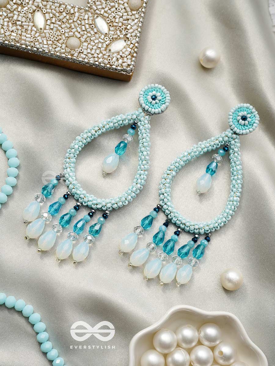 Ashvasya - The Boundless Beauty - Beads And Glass Drops Hand Embroidered Earrings (Cyan Blue)