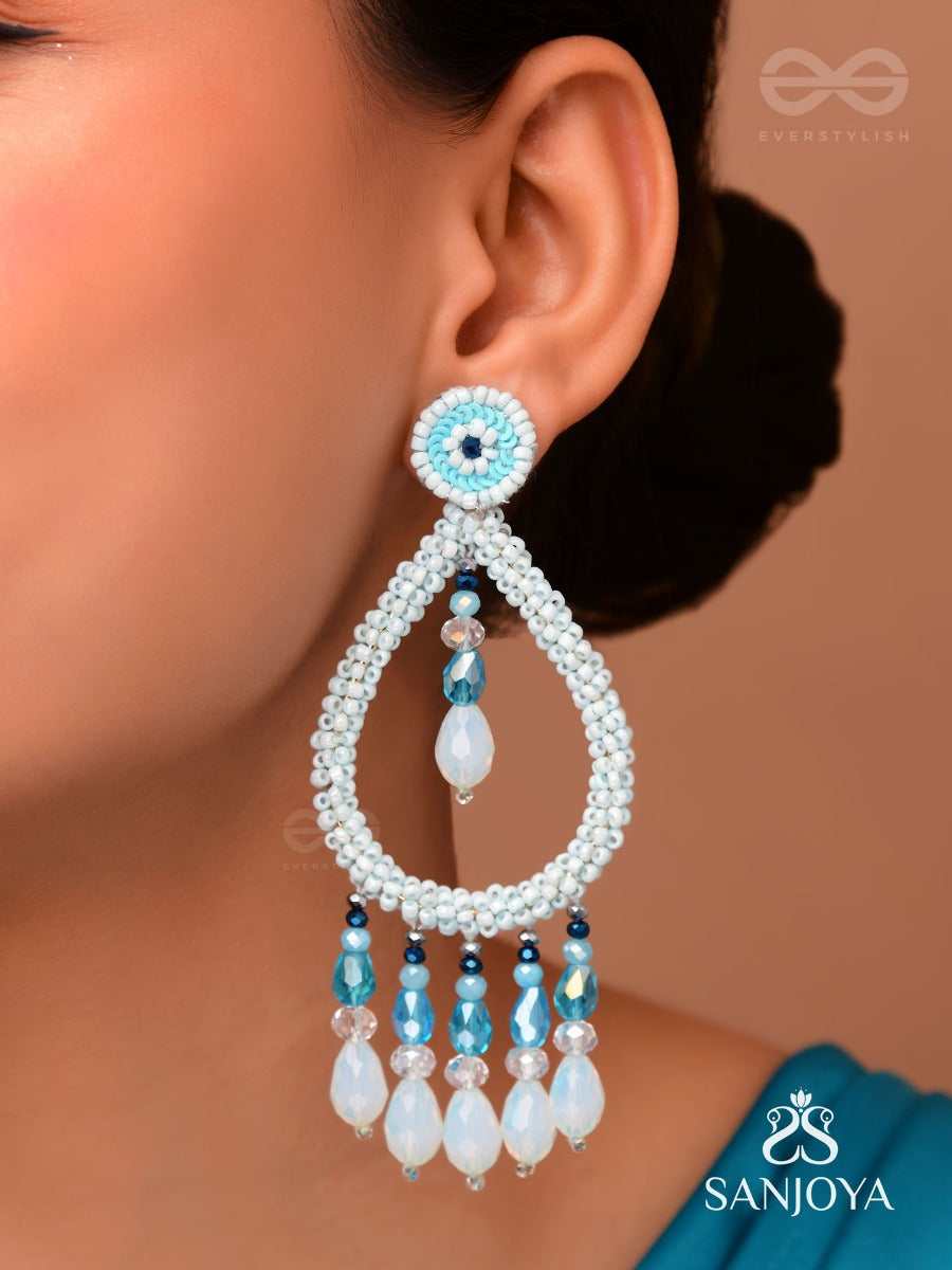 Ashvasya - The Boundless Beauty - Beads And Glass Drops Hand Embroidered Earrings (Cyan Blue)