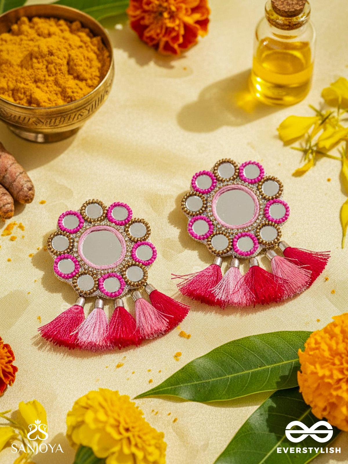 Khavari- The Dewdrops- Mirror And Resham Embroidered Earrings