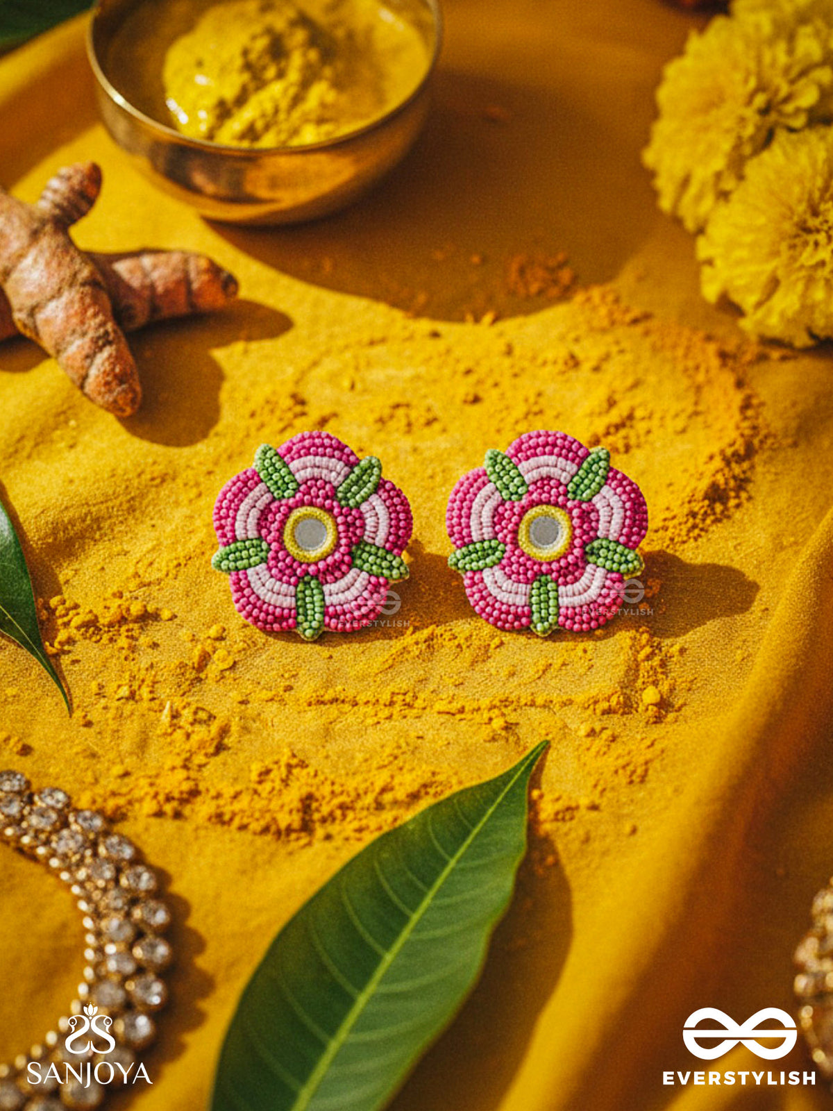 Saumana- The Pink Blossom- Resham And Mirror Embroidered Earrings