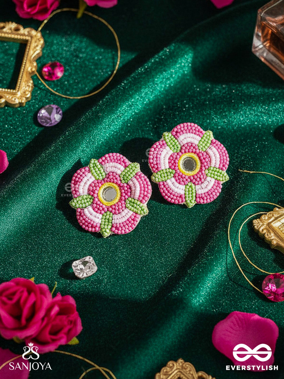 Saumana- The Pink Blossom- Resham And Mirror Embroidered Earrings