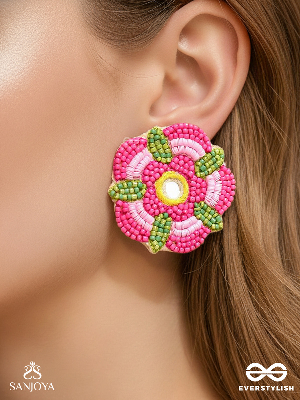 Saumana- The Pink Blossom- Resham And Mirror Embroidered Earrings