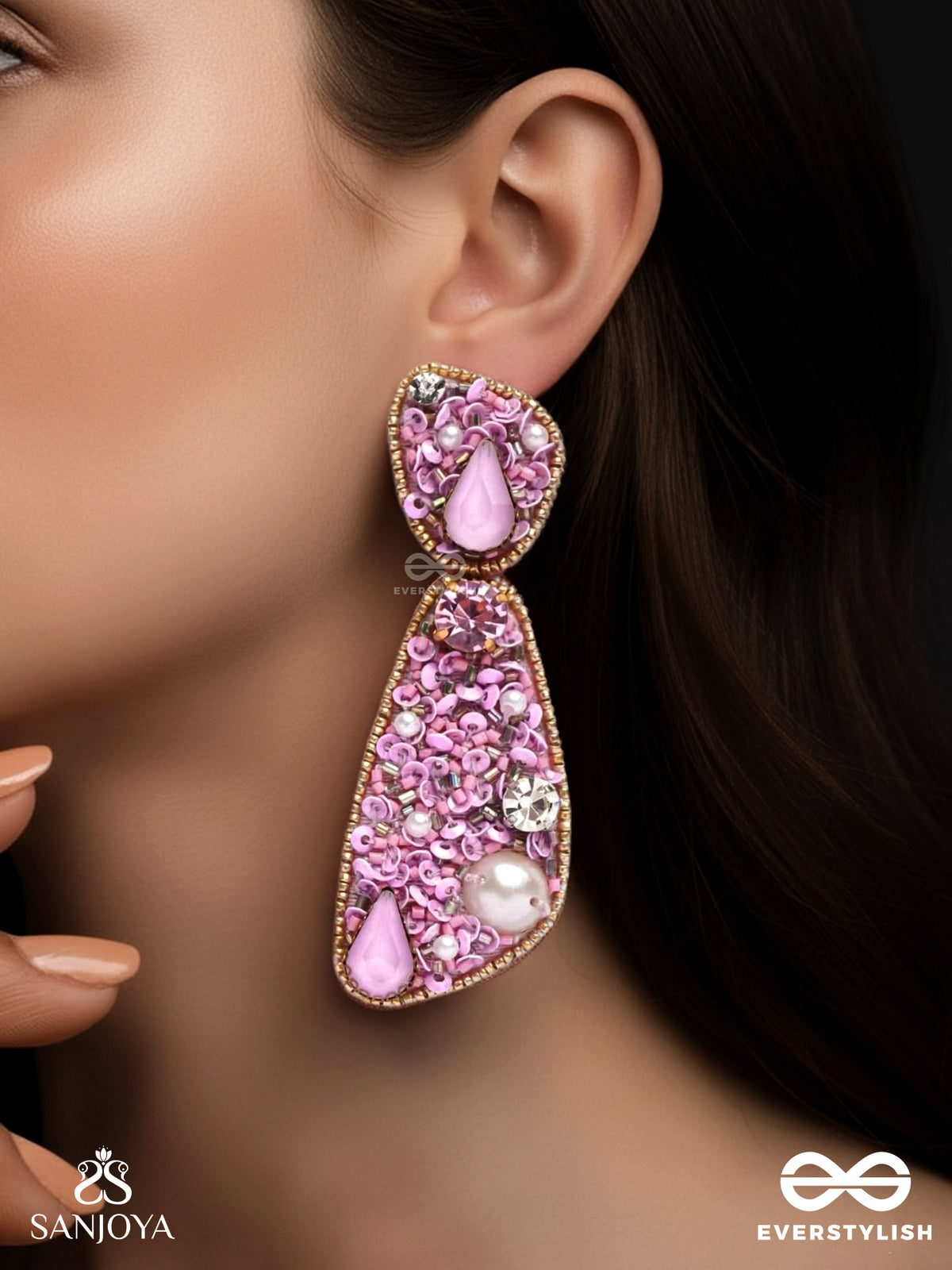 Manikya- The Pink Allure- Stones, Sequins And Beads Embroidered Earrings