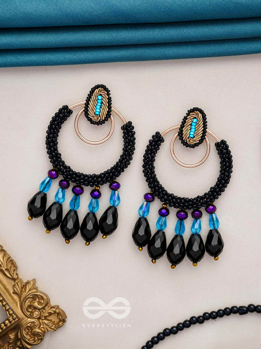 Abhineela - The Mysterious Night - Beads And Glass Drops Hand Embroidered Earrings