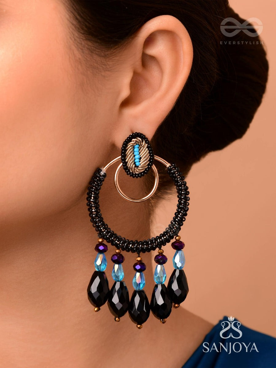 Abhineela - The Mysterious Night - Beads And Glass Drops Hand Embroidered Earrings