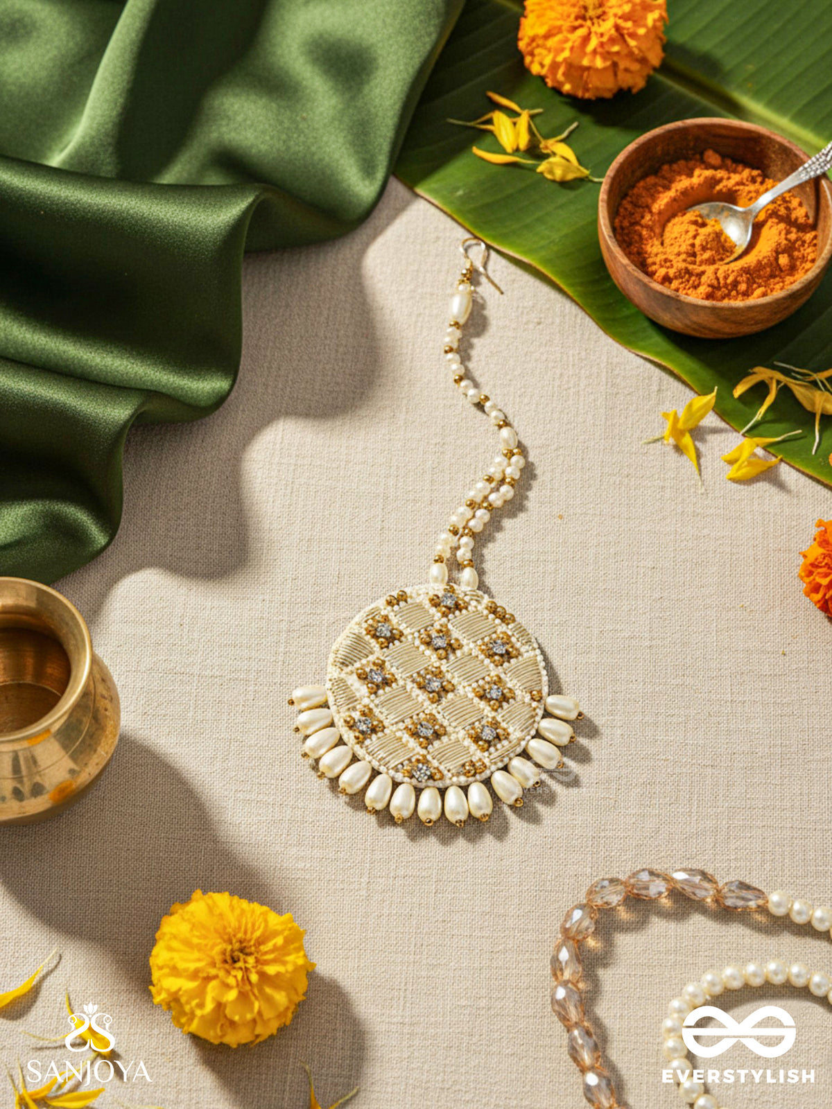 Yastika - Beauty In Pearls - Stone, Beads And Pearls Embroidered Maangtika