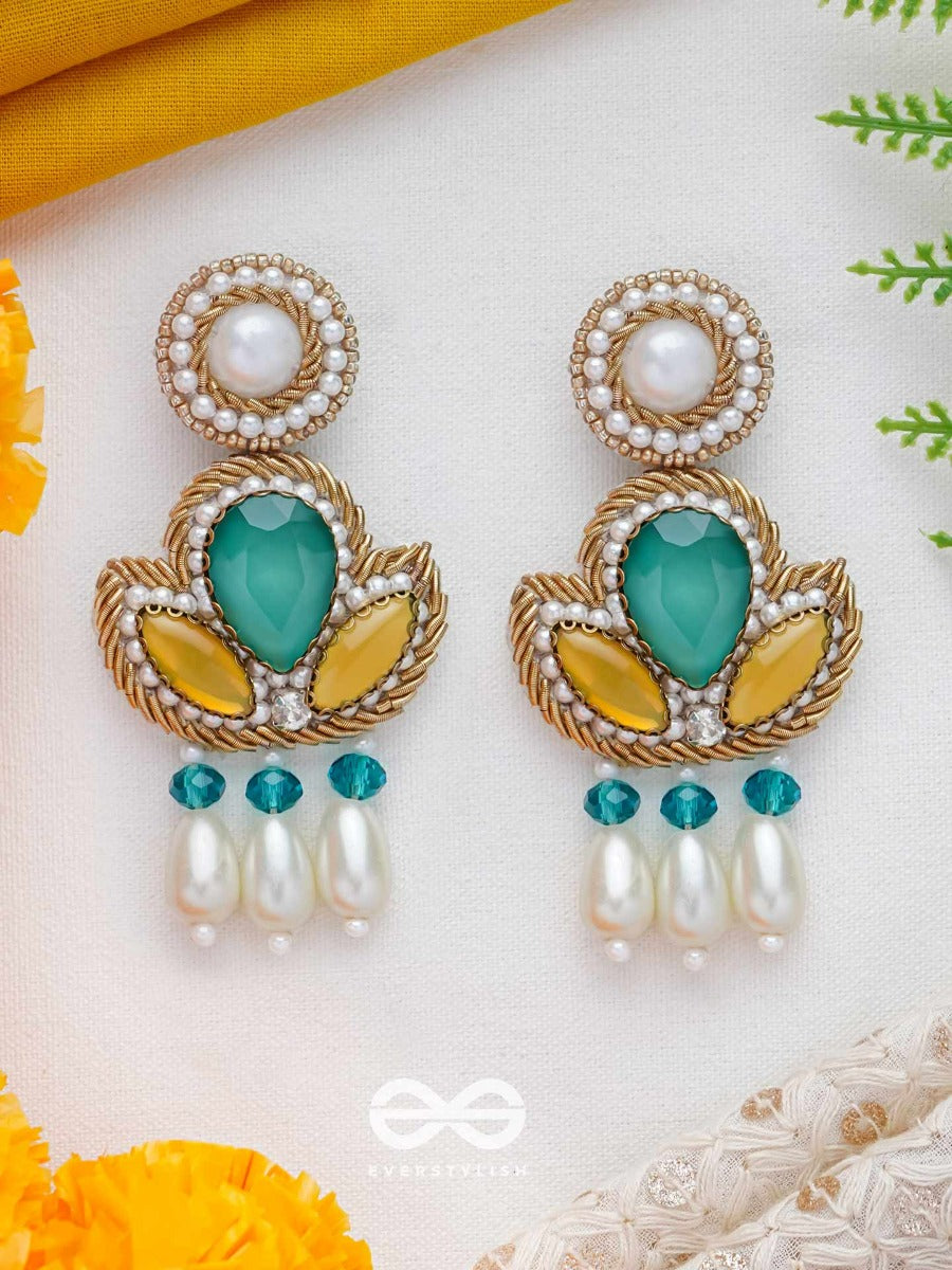 Abja- The Vibrant Lotus- Stones And Pearl Drops Embroidered Earrings