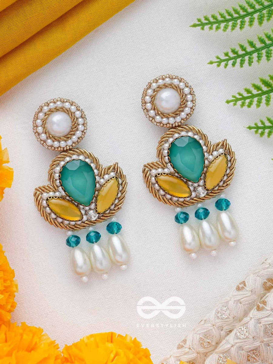 Abja- The Vibrant Lotus- Stones And Pearl Drops Embroidered Earrings