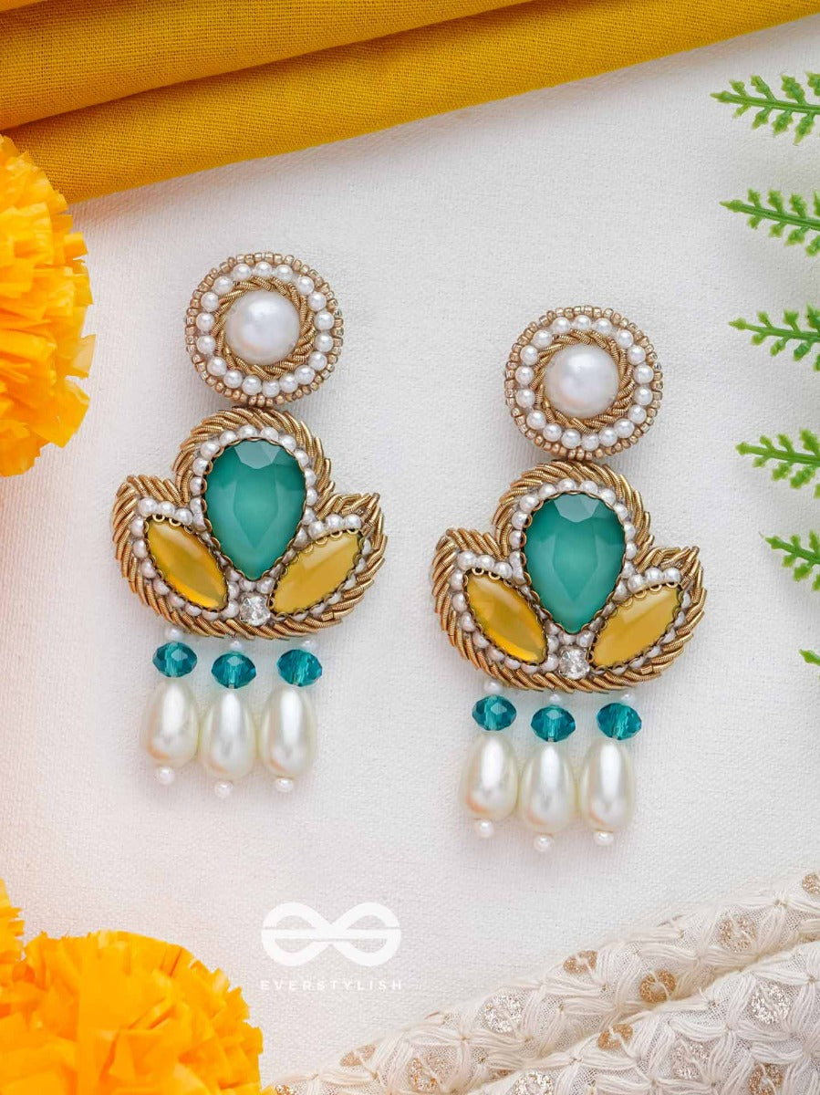 Abja- The Vibrant Lotus- Stones And Pearl Drops Embroidered Earrings
