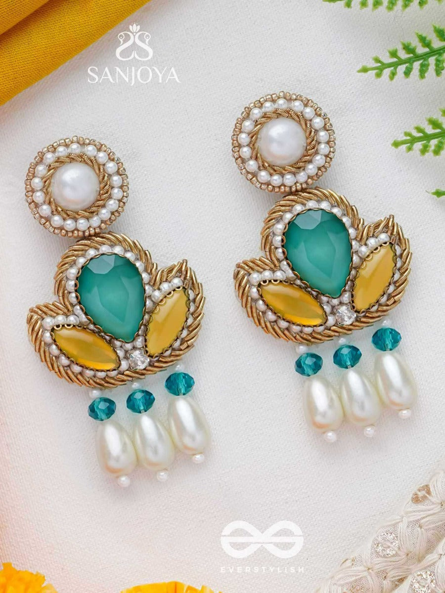 Abja- The Vibrant Lotus- Stones And Pearl Drops Embroidered Earrings