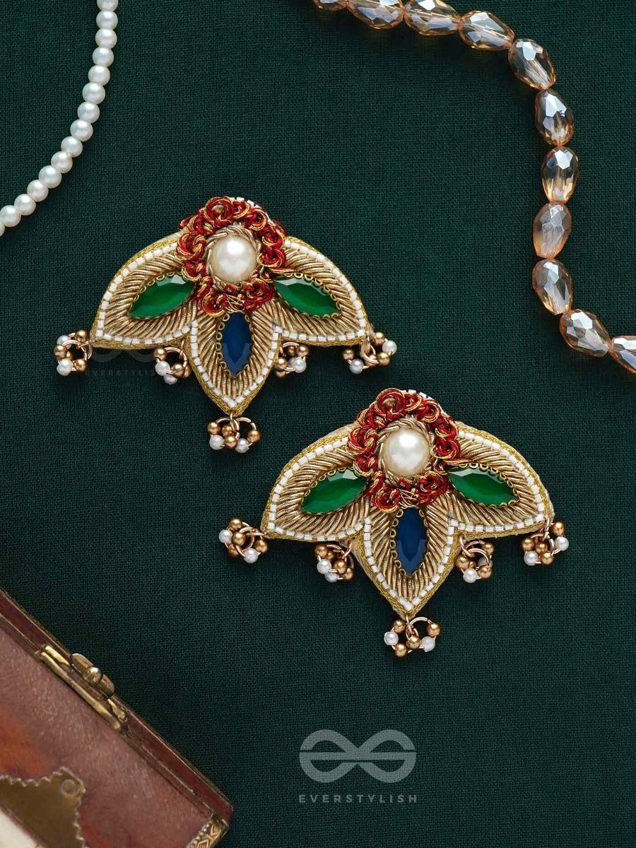Kaaravi- The Lush Leaf- Resham, Pearls And Stones Embroidered Earrings