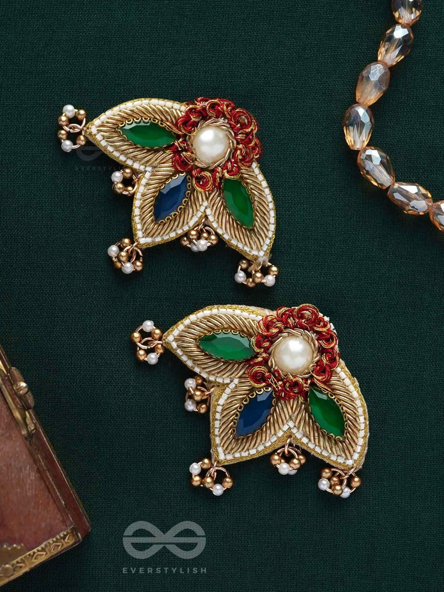 Kaaravi- The Lush Leaf- Resham, Pearls And Stones Embroidered Earrings