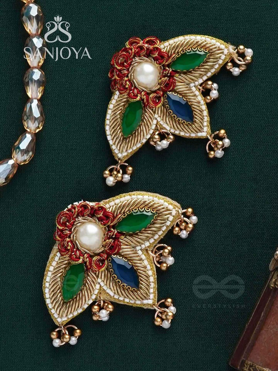 Kaaravi- The Lush Leaf- Resham, Pearls And Stones Embroidered Earrings