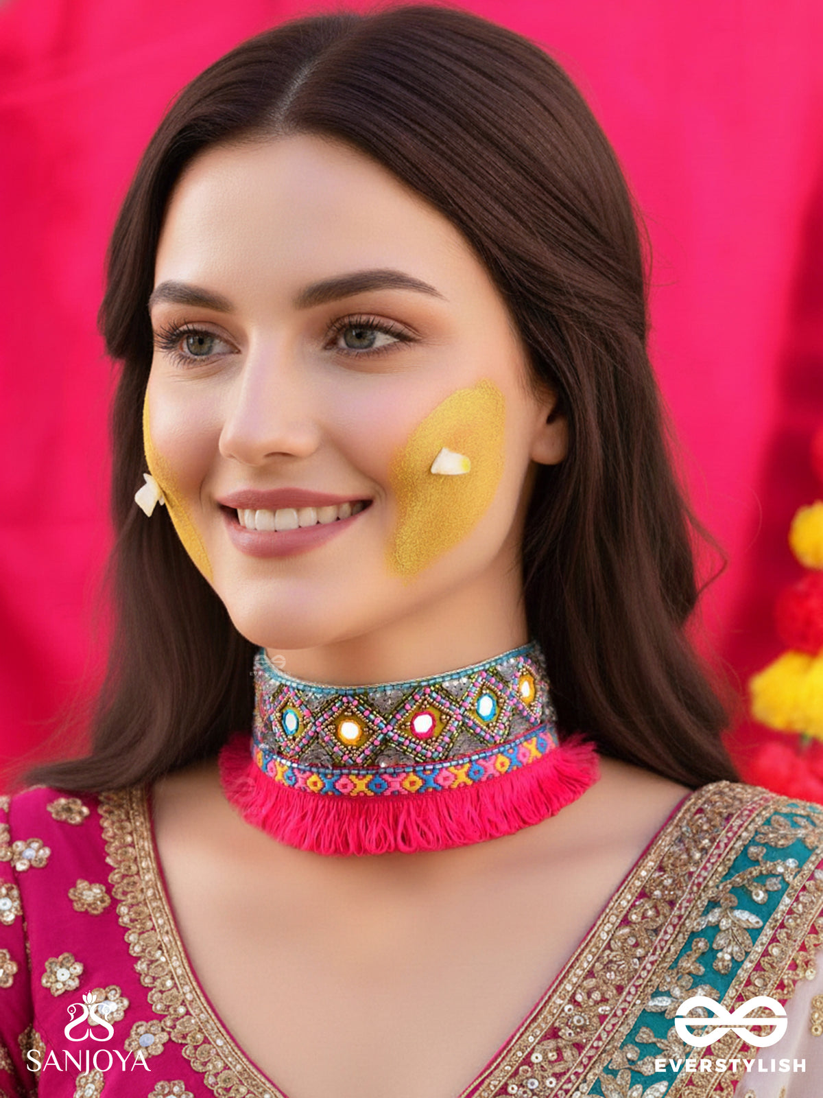 Nirmoka- The Pink Sky- Mirrors, Resham And Lace Embroidered Choker Necklace
