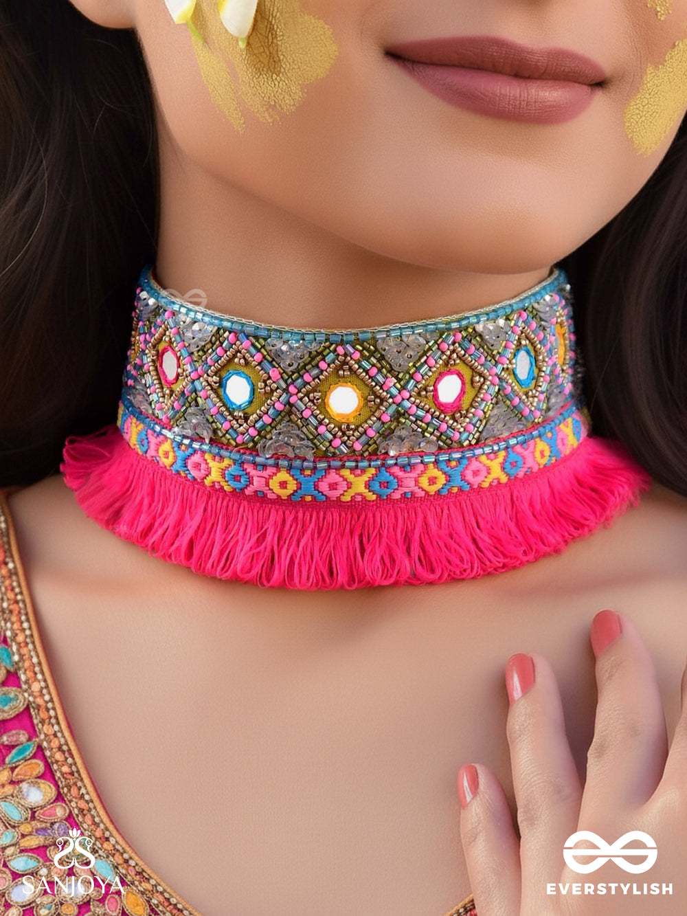 Nirmoka- The Pink Sky- Mirrors, Resham And Lace Embroidered Choker Necklace