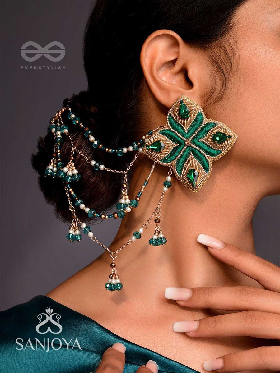 Vapraa - The Spring Garden - Beads, Stones And Resham Hand Embroidered Chain Earrings