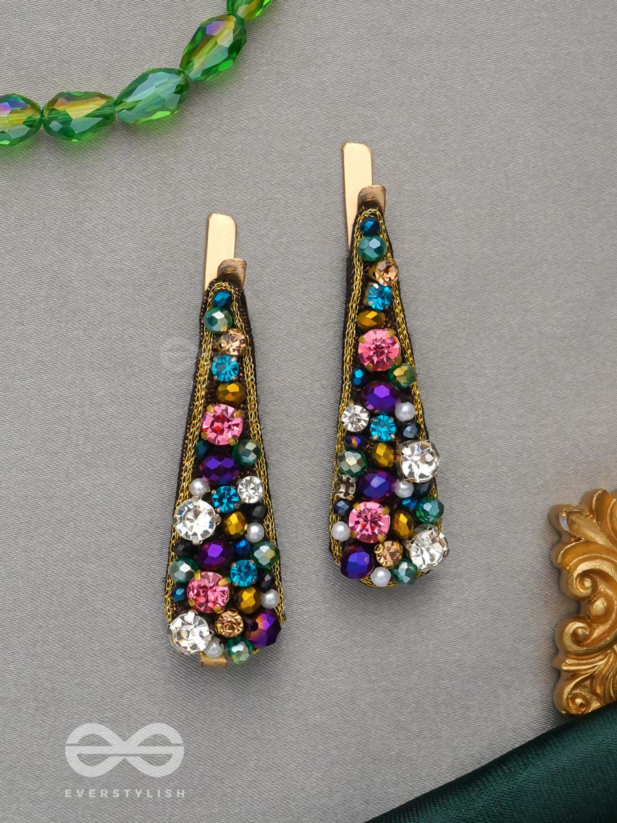 Vasnya- Exquisitely Precious- Stones, Glass Beads And Zari Embroidered Hair Clips
