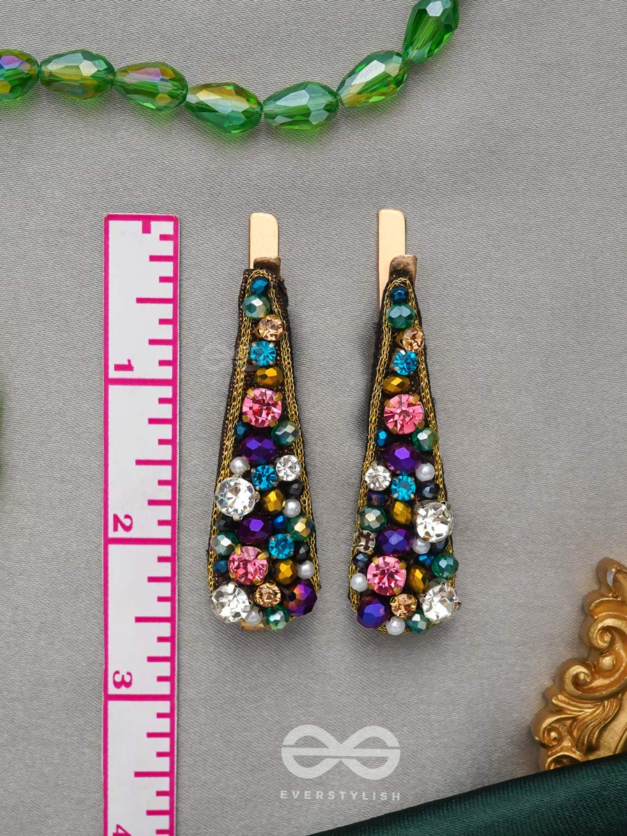 Vasnya- Exquisitely Precious- Stones, Glass Beads And Zari Embroidered Hair Clips