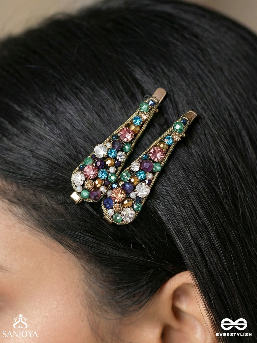 Vasnya- Exquisitely Precious- Stones, Glass Beads And Zari Embroidered Hair Clips