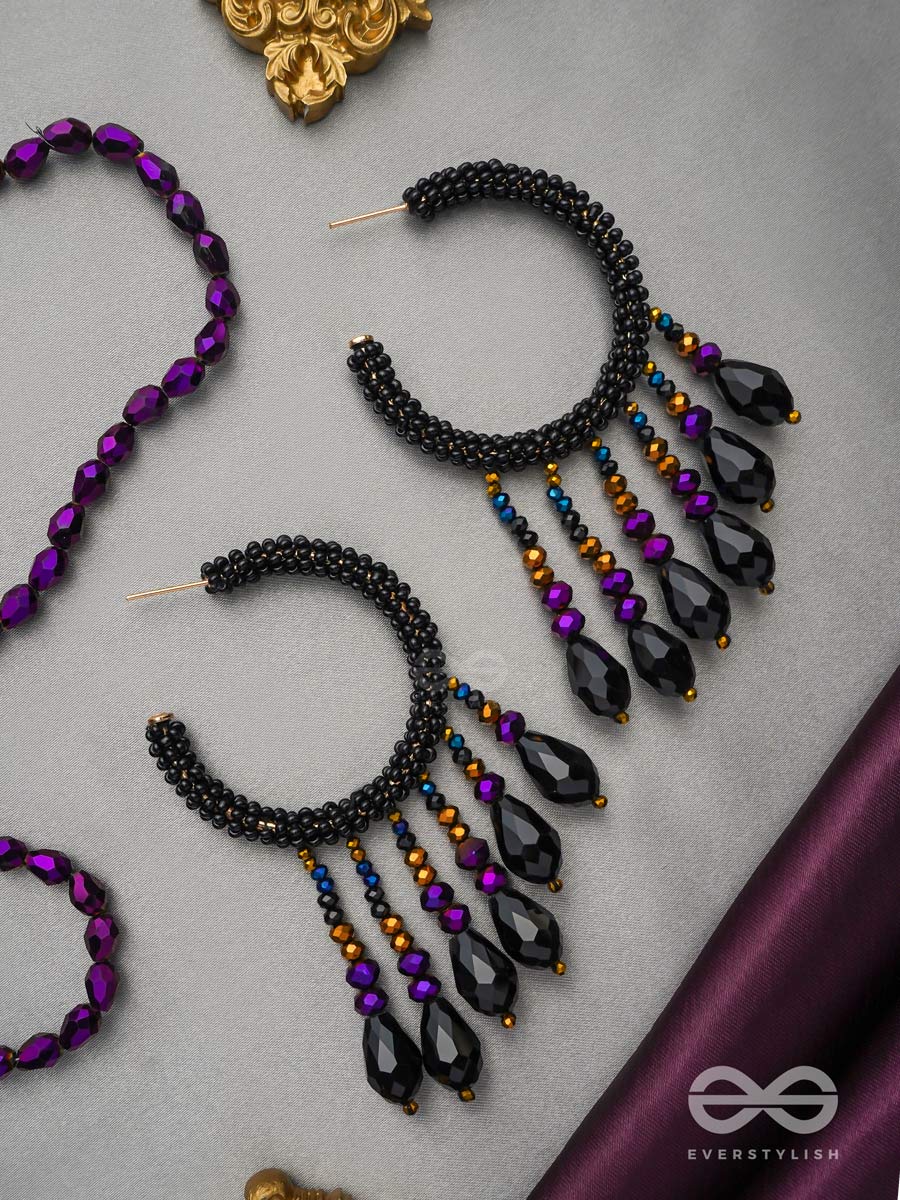 Tamisra- The Melting Night- Glass Drops And Beads Embroidered Hoop Earrings