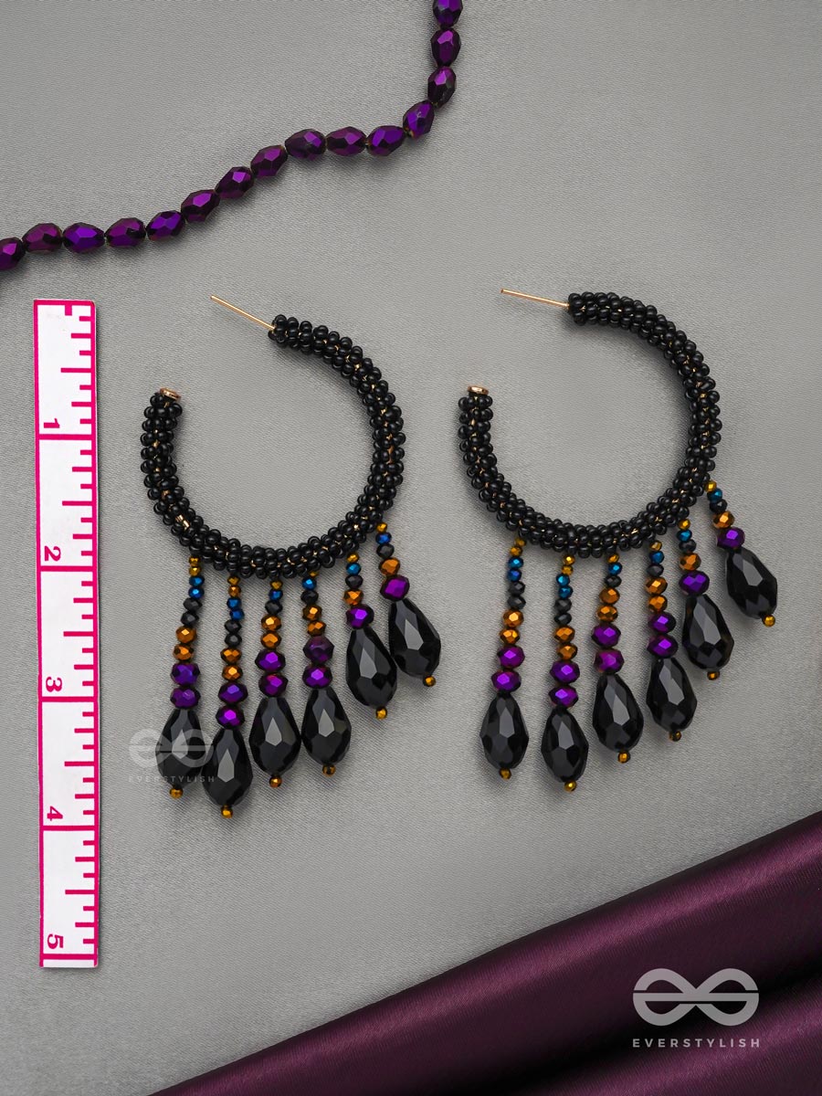 Tamisra- The Melting Night- Glass Drops And Beads Embroidered Hoop Earrings