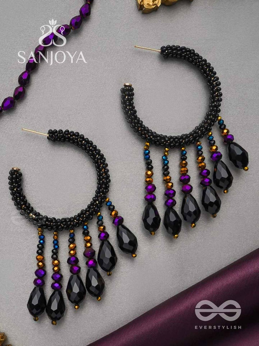 Tamisra- The Melting Night- Glass Drops And Beads Embroidered Hoop Earrings