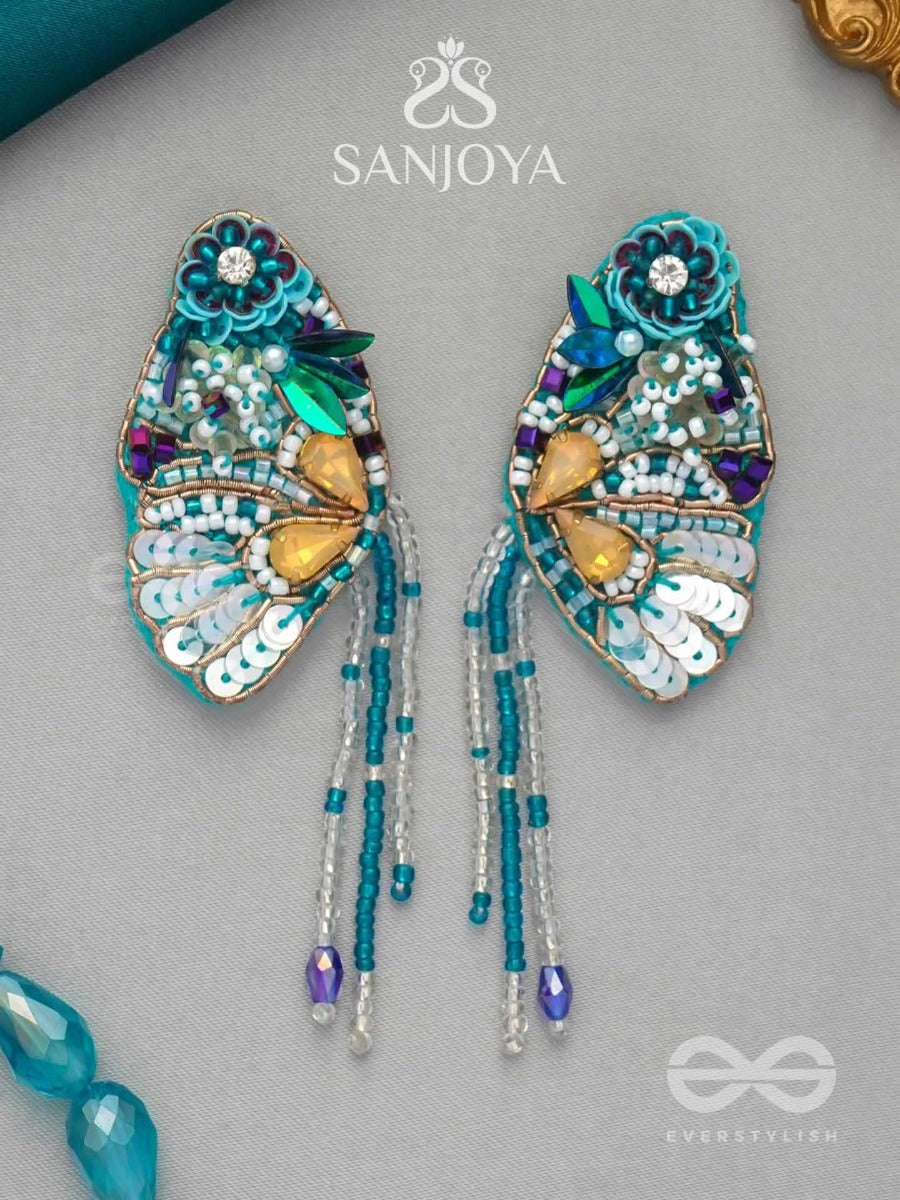 Chelashka- The Magnificent Moth- Stones, Sequins And Beads Embroidered Statement Earrings