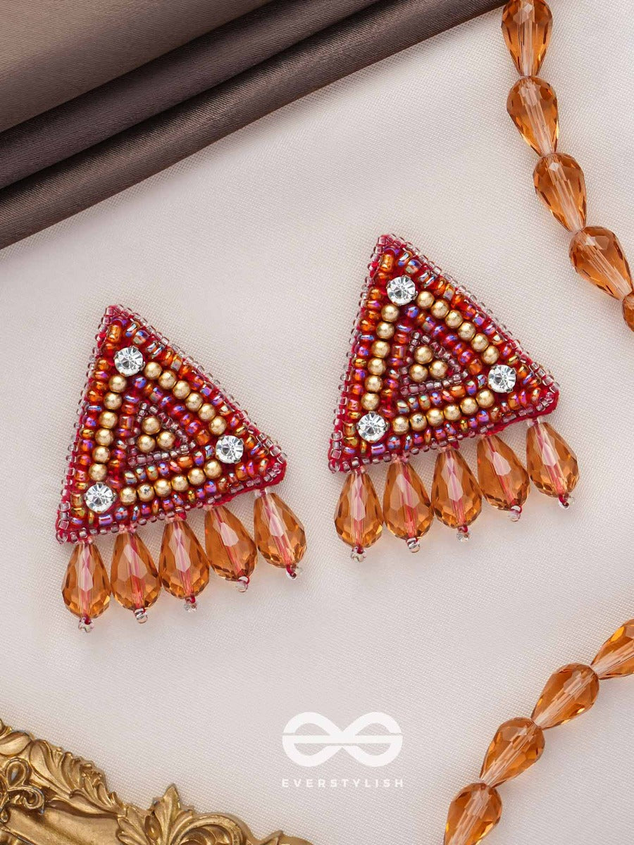 Chaitya- The Cryptic Pyramid- Stones, Glass Drops And Beads Embroidered Stud Earrings