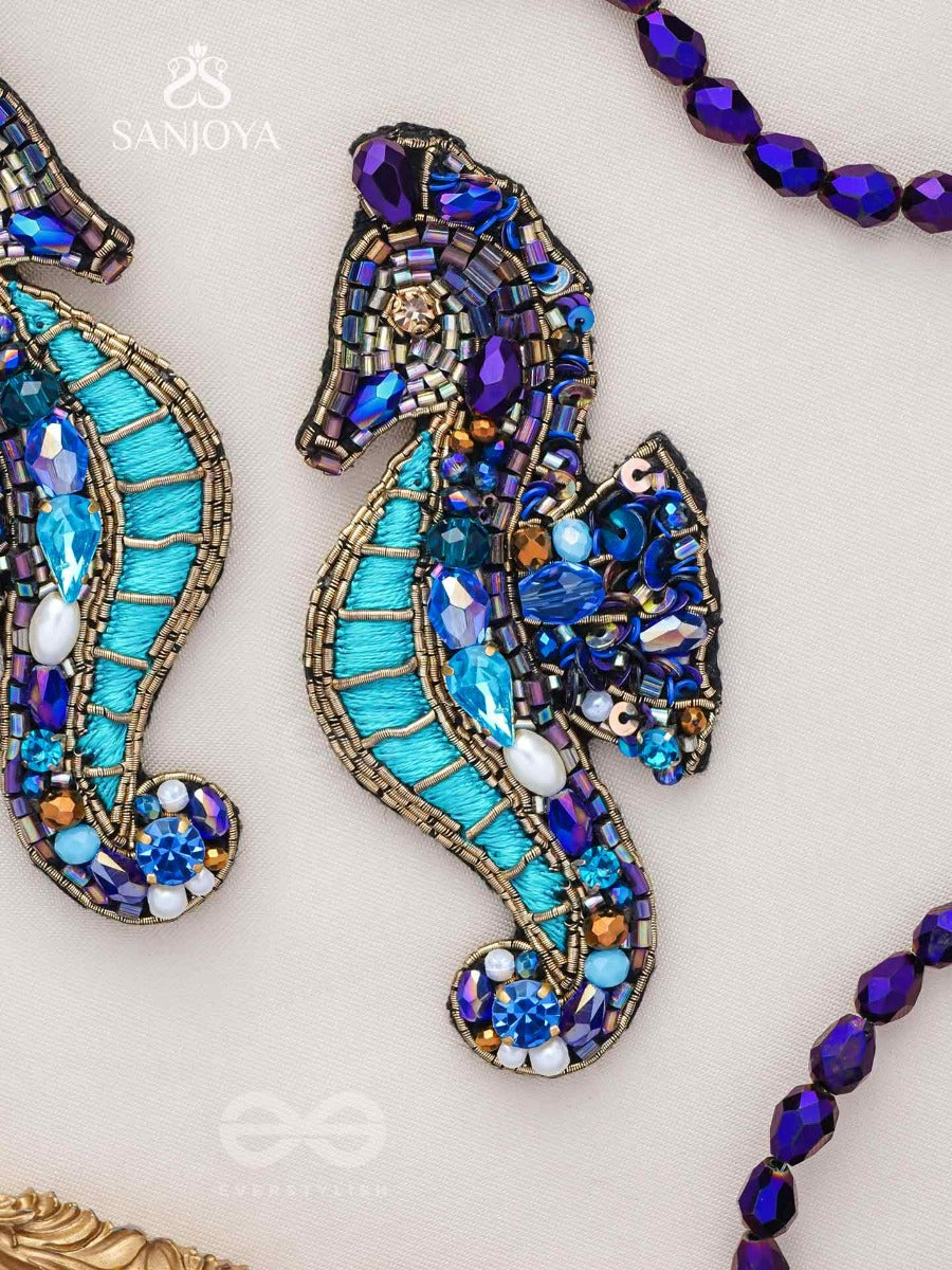 Ashwameen- The Splendid Seahorse- Stones, Sequins And Beads Embroidered Statement Earrings
