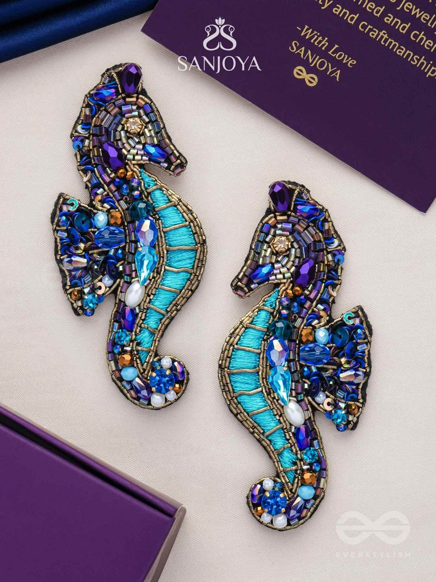 Ashwameen- The Splendid Seahorse- Stones, Sequins And Beads Embroidered Statement Earrings