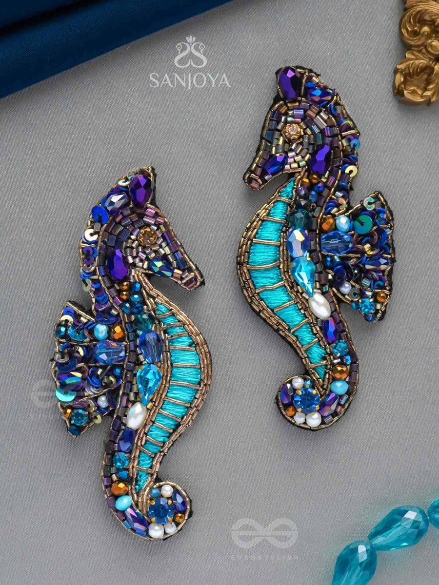 Ashwameen- The Splendid Seahorse- Stones, Sequins And Beads Embroidered Statement Earrings