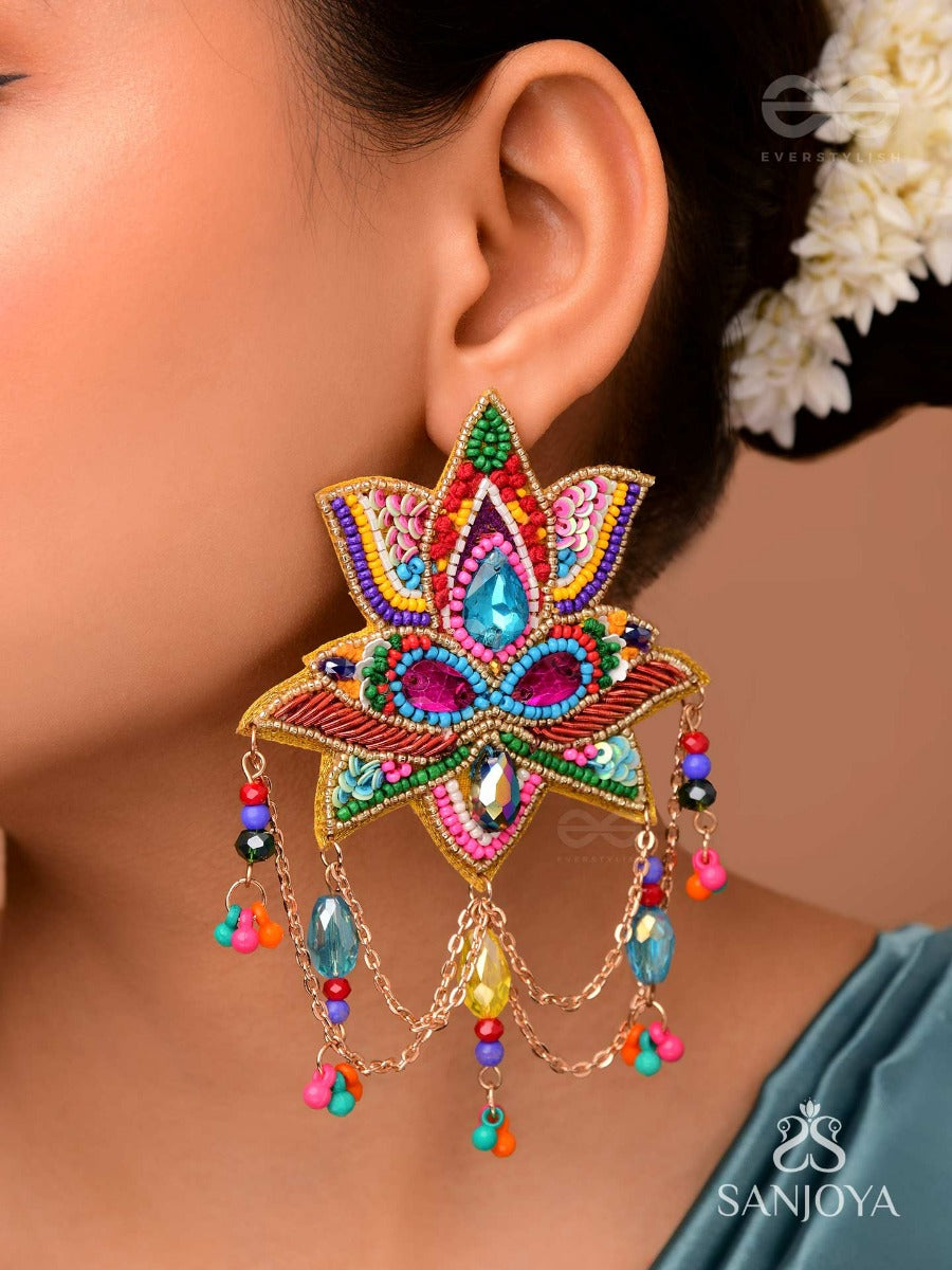 Karnika- The Lovely Lotus- Stones, Sequins And Resham Embroidered Statement Earrings