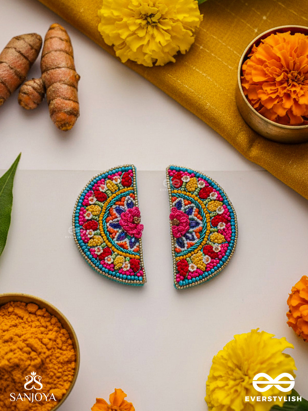 Vrittardha- The Florid Semicircle- Stones, Sequins And Resham Embroidered Stud Earrings