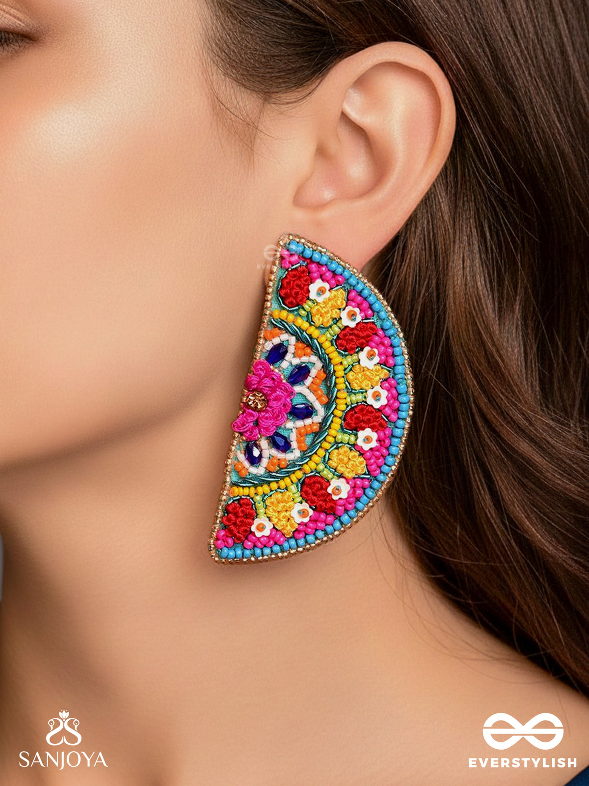 Vrittardha- The Florid Semicircle- Stones, Sequins And Resham Embroidered Stud Earrings