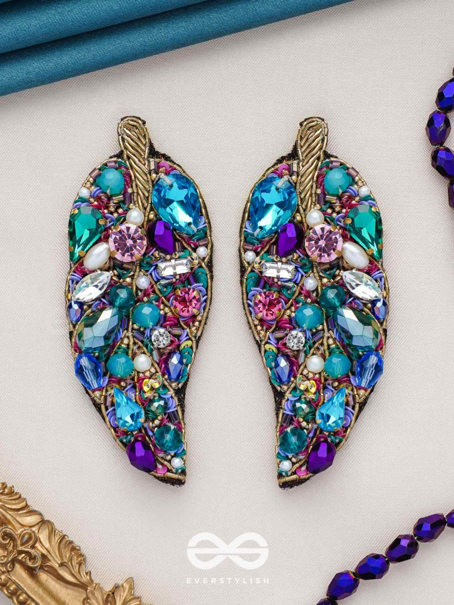 Parnila- The Lovely Leaf- Stones, Sequins And Glass Beads Embroidered Stud Earrings