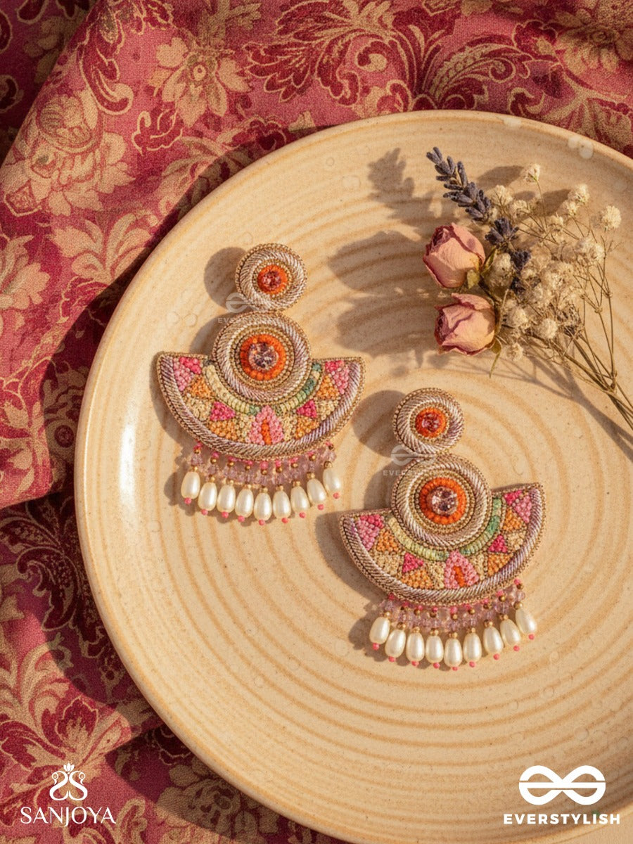 Araka- The Fragrant Garden- Stones, Resham And Pearl Drops Embroidered Earrings