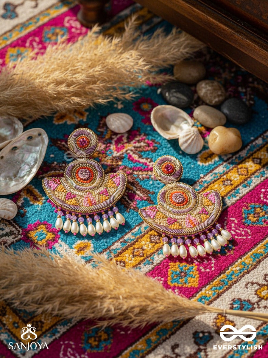 Araka- The Fragrant Garden- Stones, Resham And Pearl Drops Embroidered Earrings