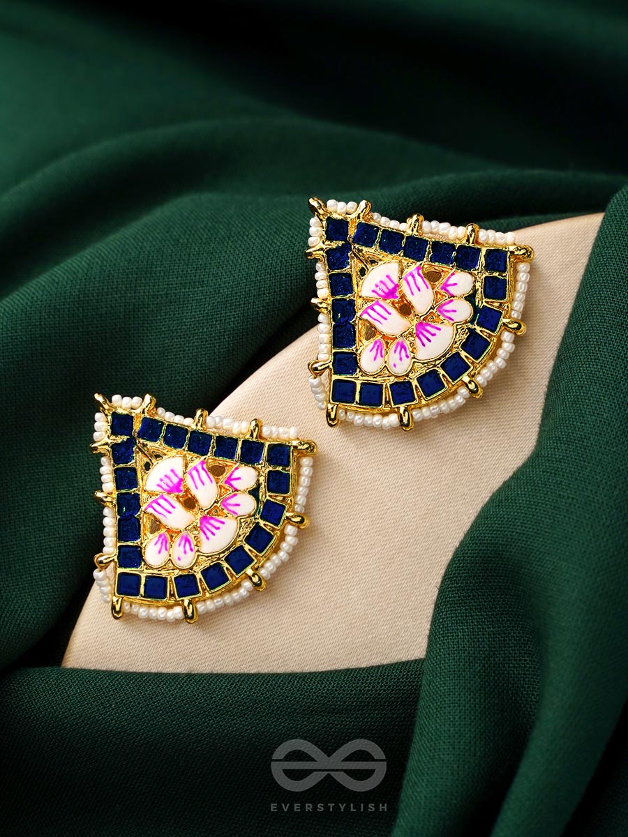 The Lotus Temple- Enamelled Statement Stud Earrings (Indigo Blue)